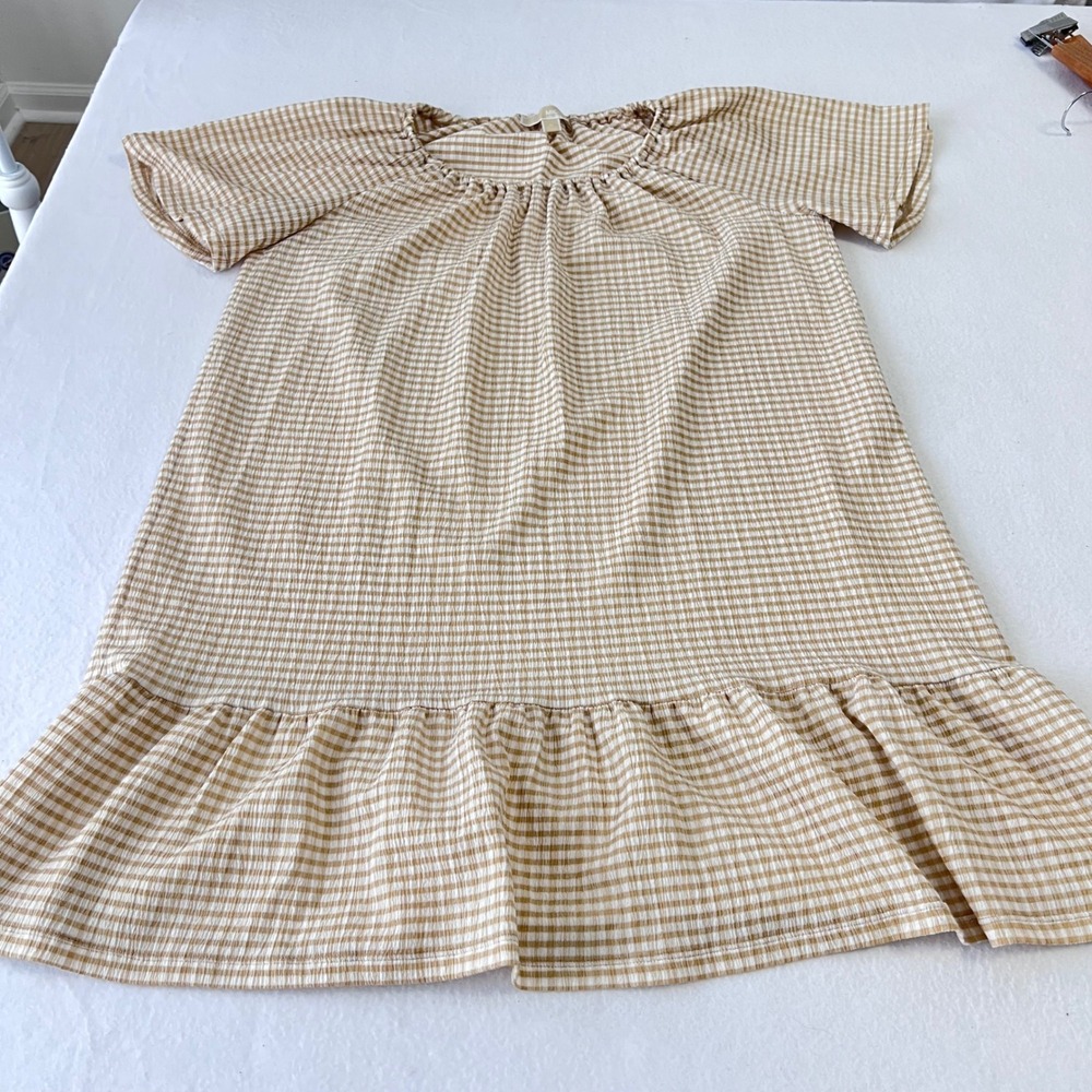 Michael Kors Dress Womens Medium Tan Gingham Check Seersucker Ruffle Cottagecore - Picture 10 of 11